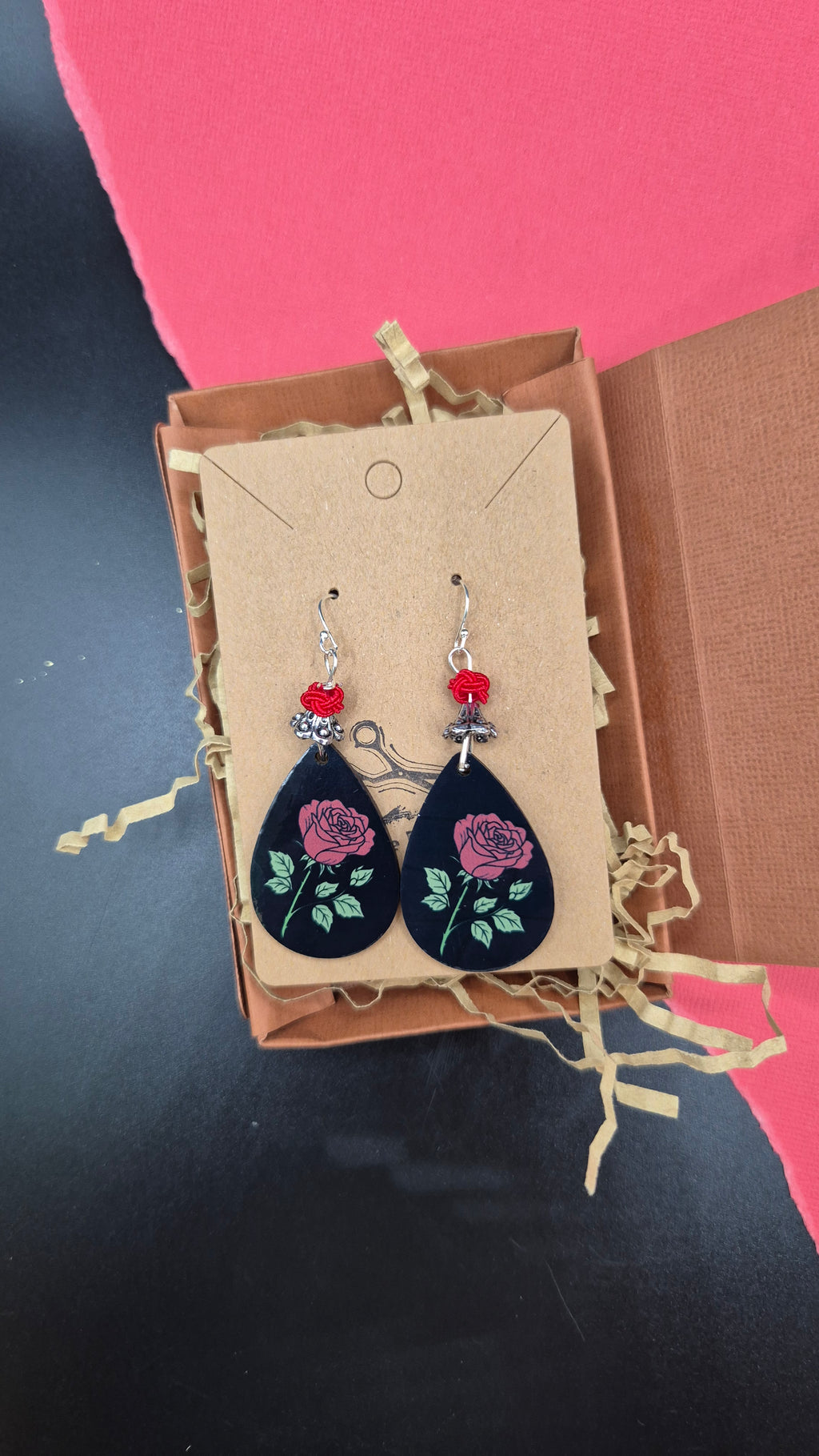 Red Rose Teardrop Earrings in Black