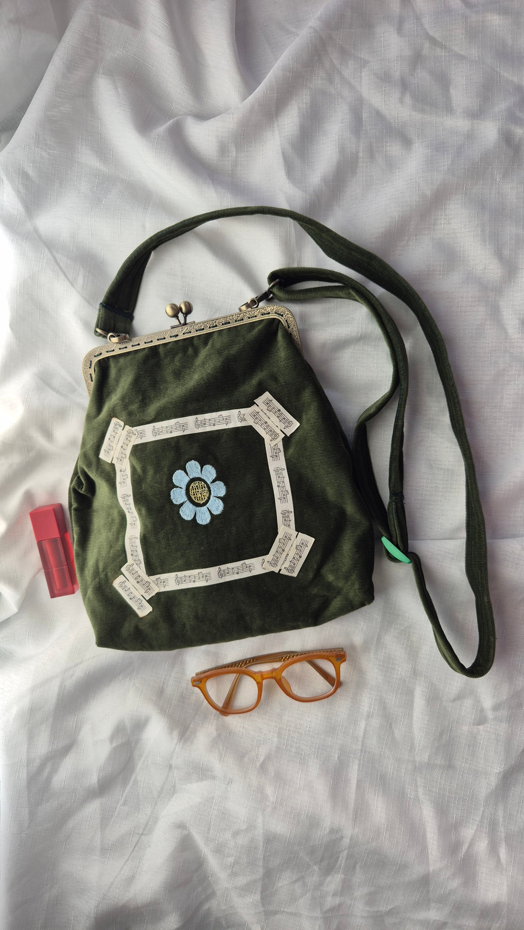 Olive Green Corduroy Crossbody Bag with Daisy Patch