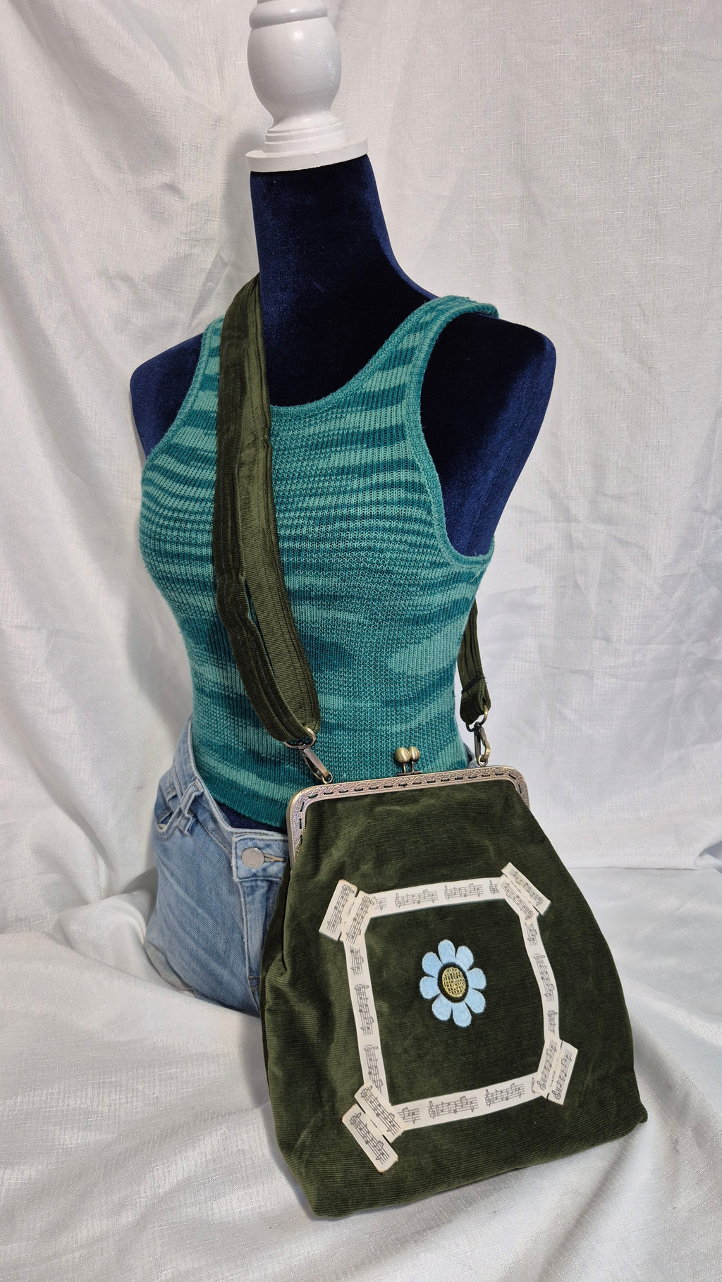 Olive Green Corduroy Crossbody Bag with Daisy Patch