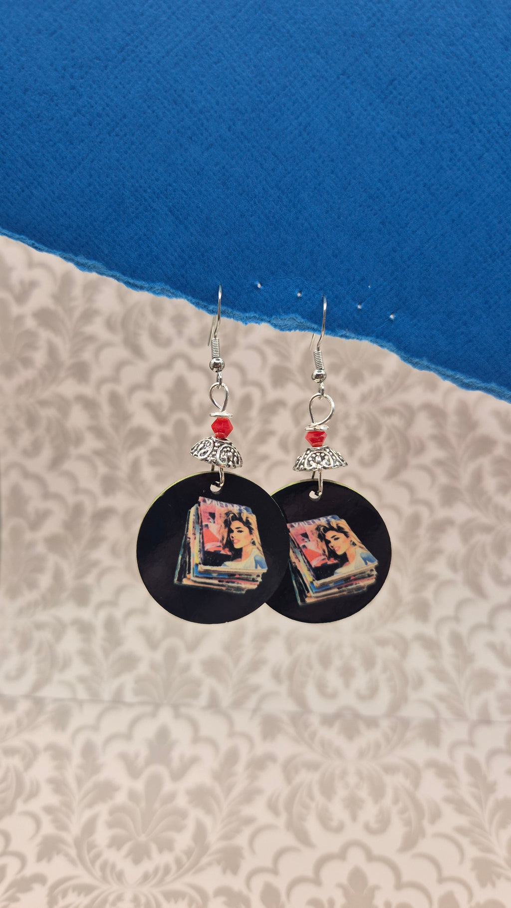Retro Magazine Stack Circle Earrings with Red Crystal