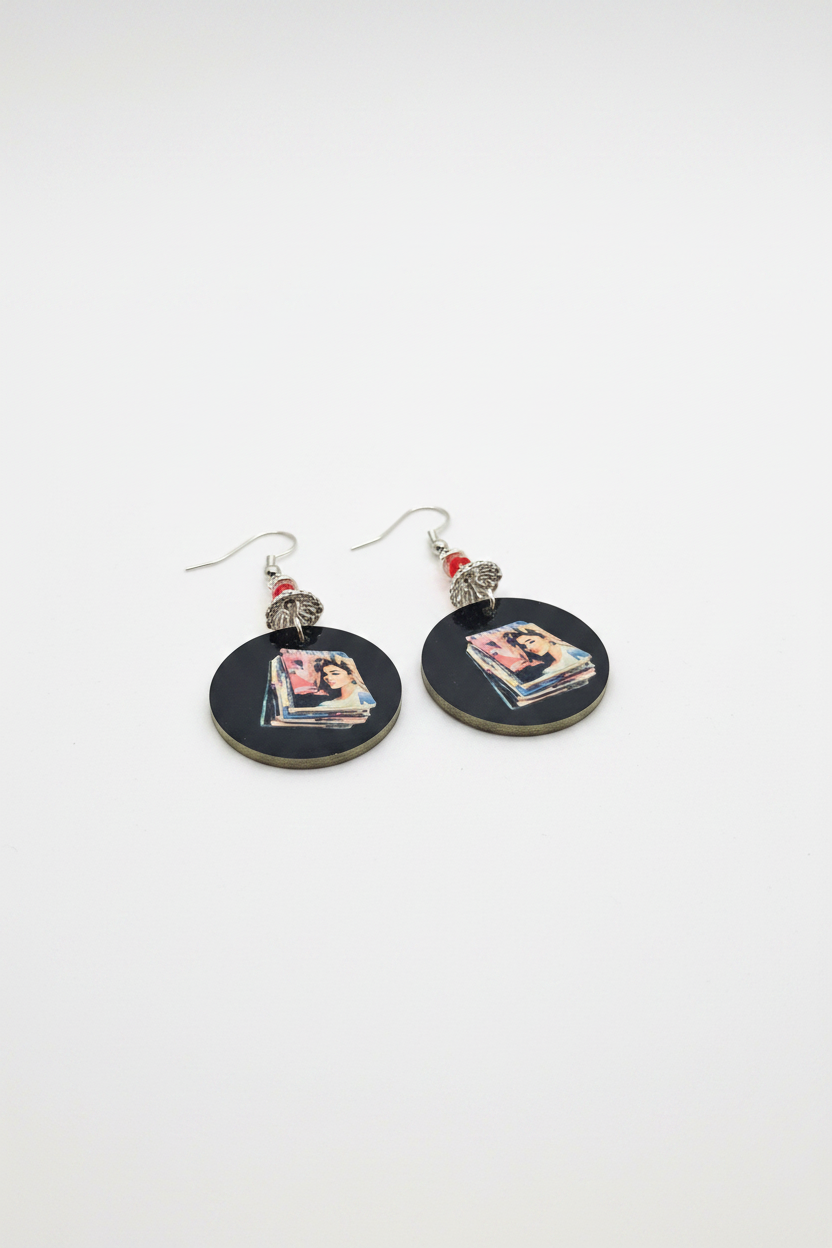 Retro Magazine Stack Circle Earrings with Red Crystal