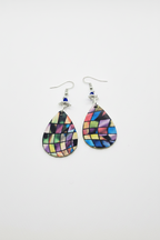 Stained Glass Teardrop Earrings with Silver Charm & Blue Crystal
