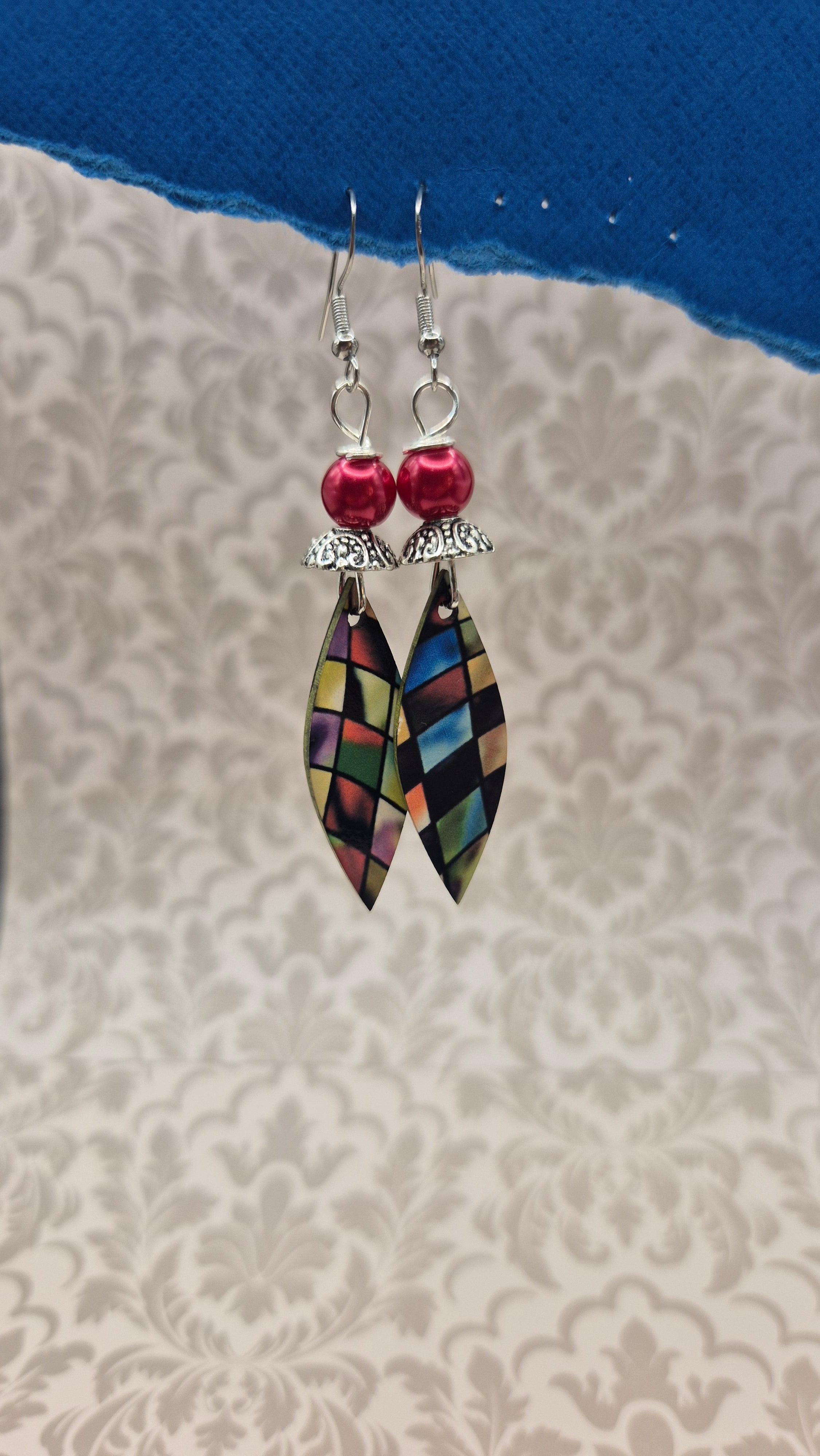 Harlequin Diamond & Red Pearl Charm Earrings