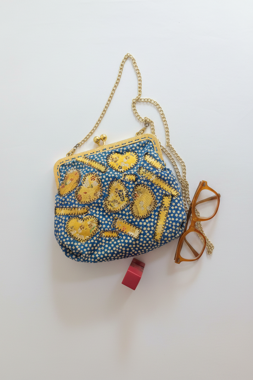 Blue Floral Granny Square Clasp Bag with Gold Chain