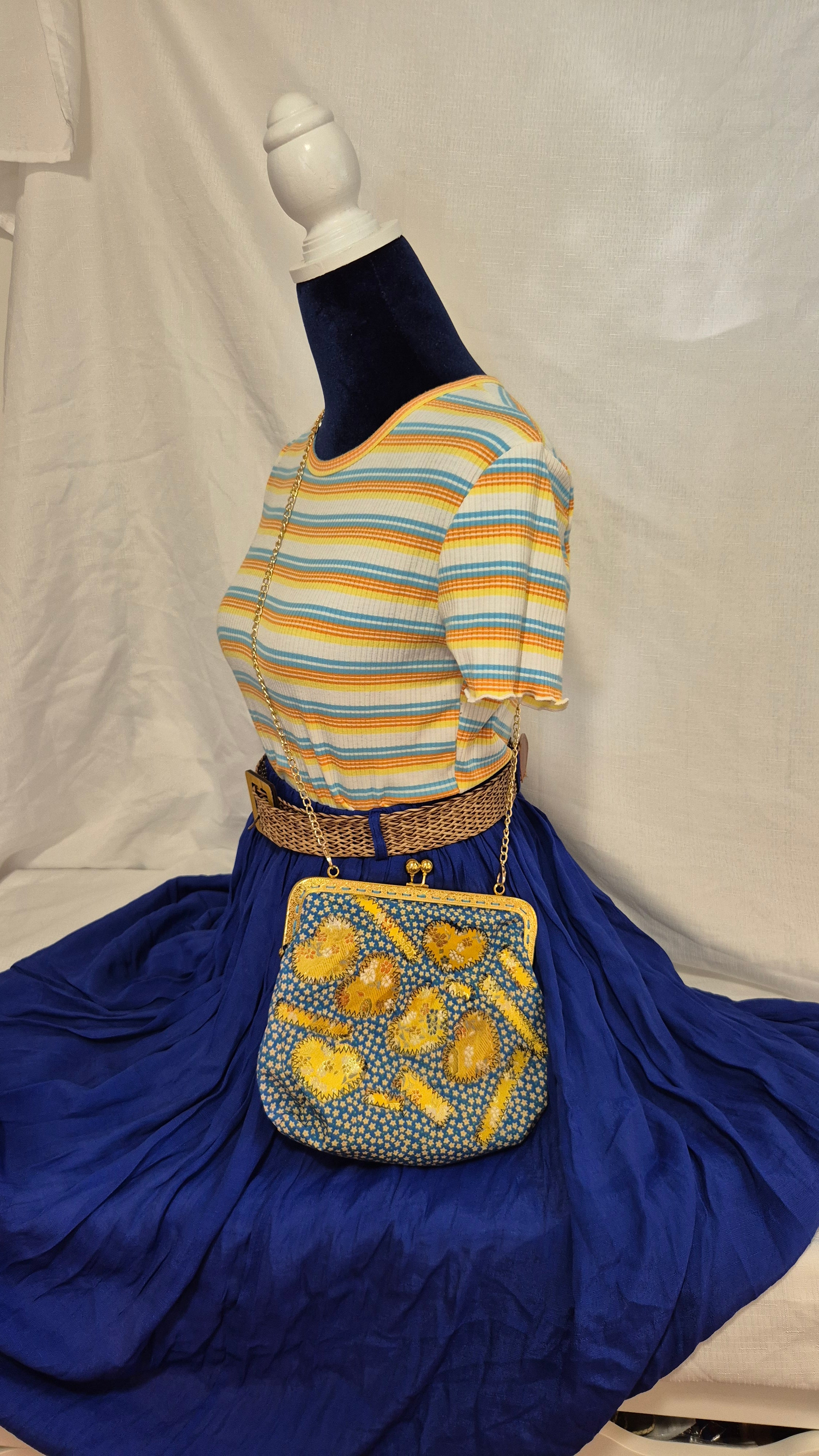 Blue Floral Granny Square Clasp Bag with Gold Chain