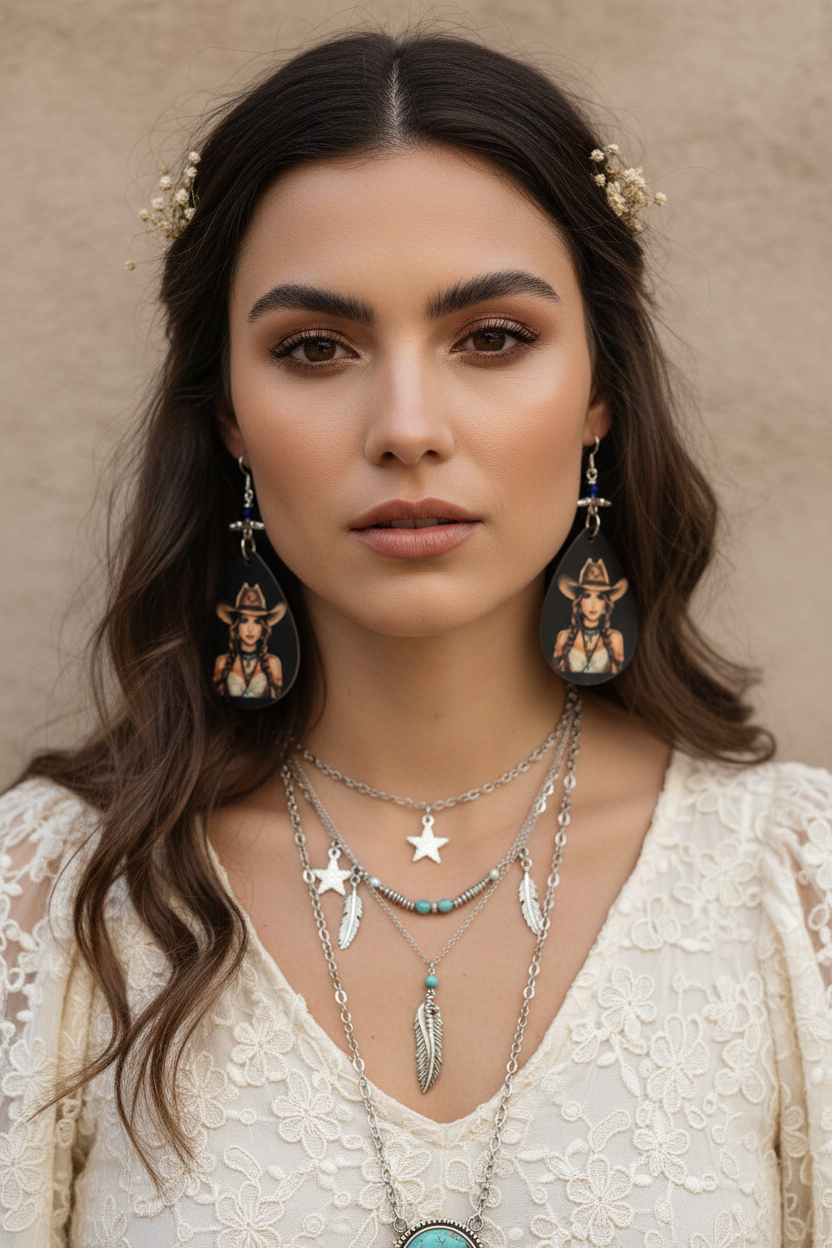 Cowgirl Portrait Teardrop Earrings