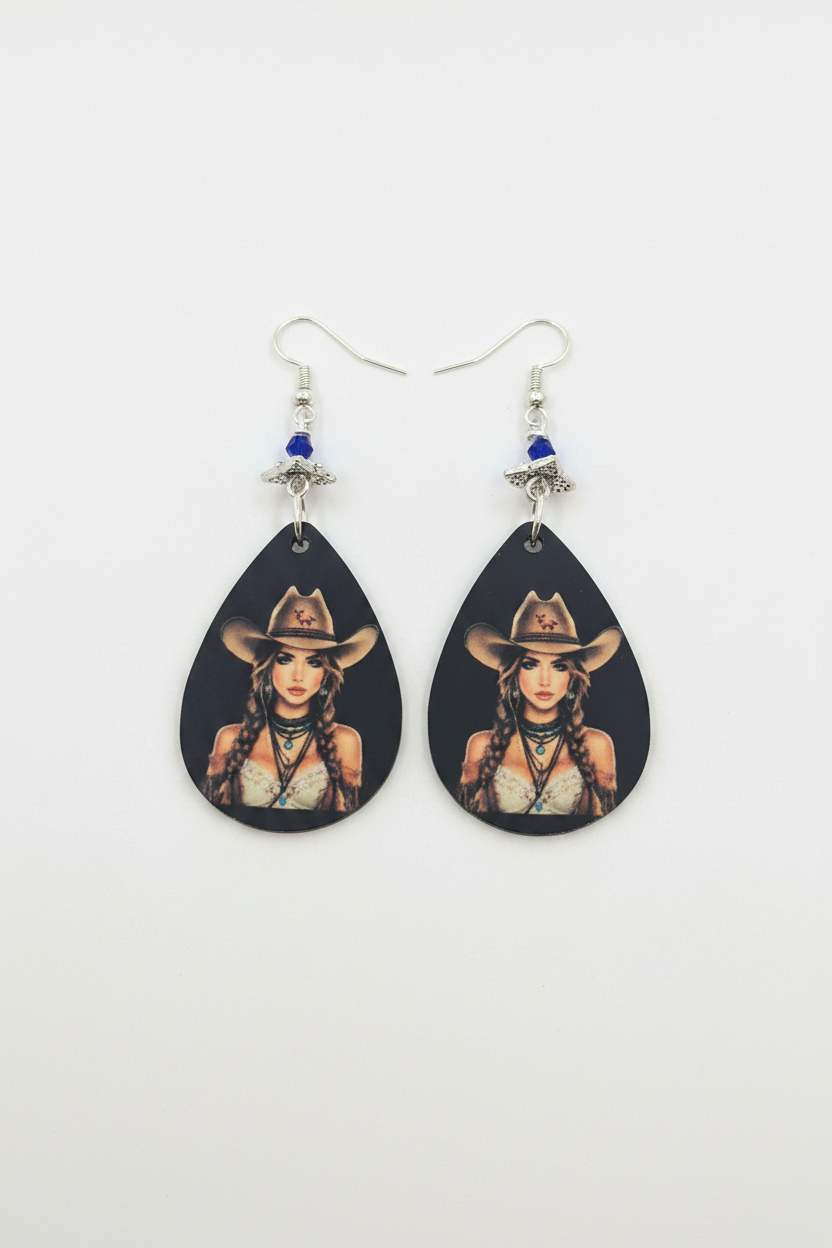 Cowgirl Portrait Teardrop Earrings