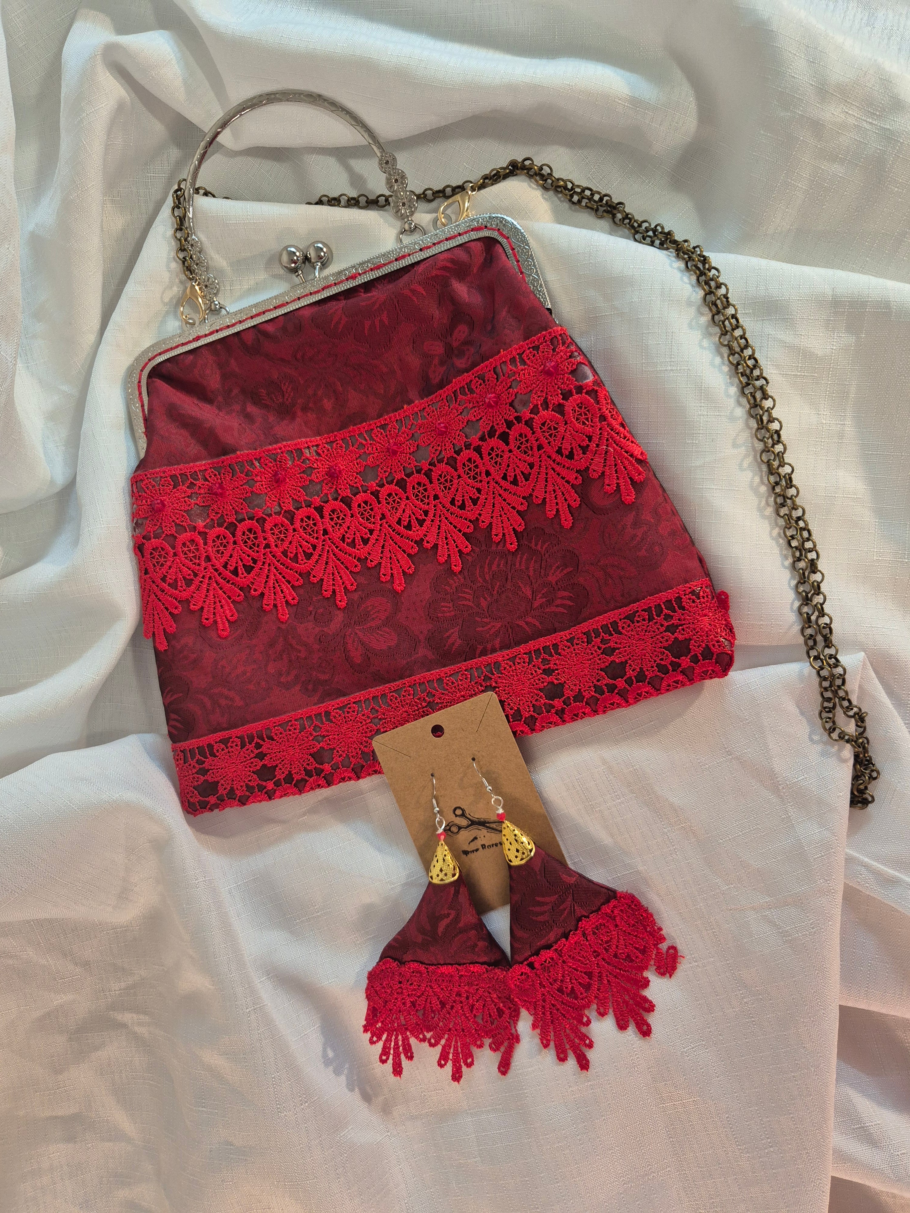 Crimson Lace Bag & Earring Set