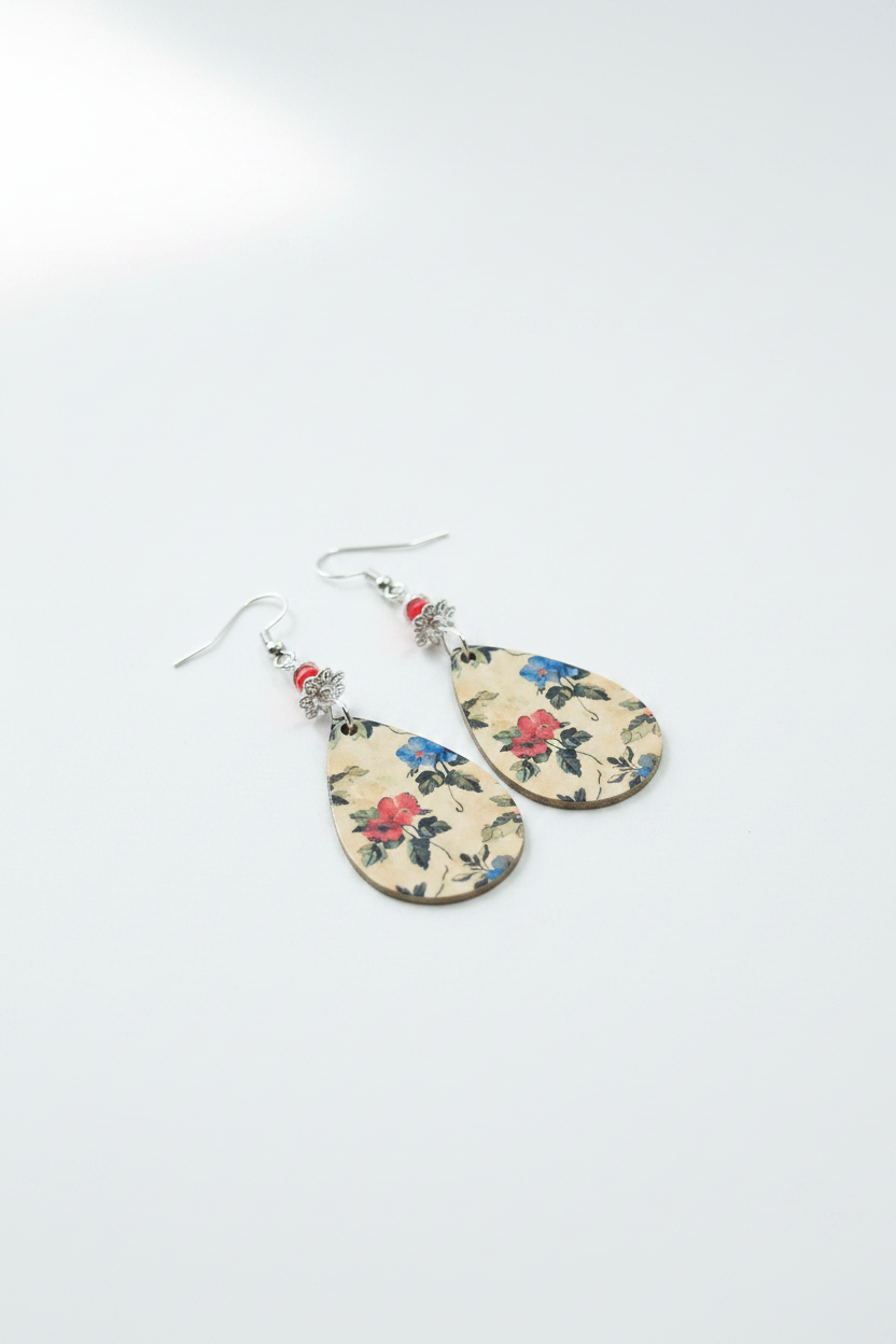 Vintage Botanical Teardrop Earrings – Red Bead