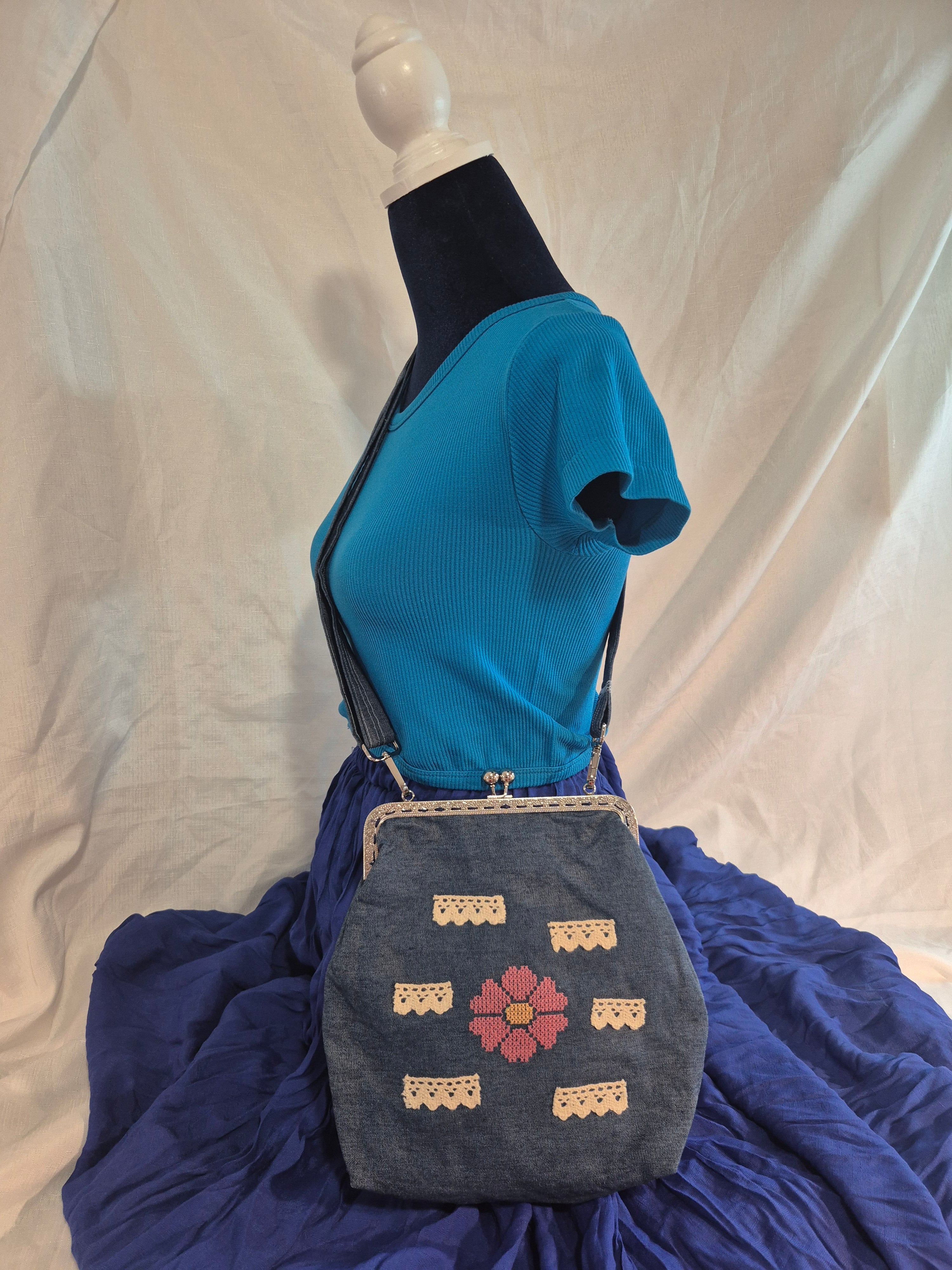 Denim Cross-Stitch Clasp Bag