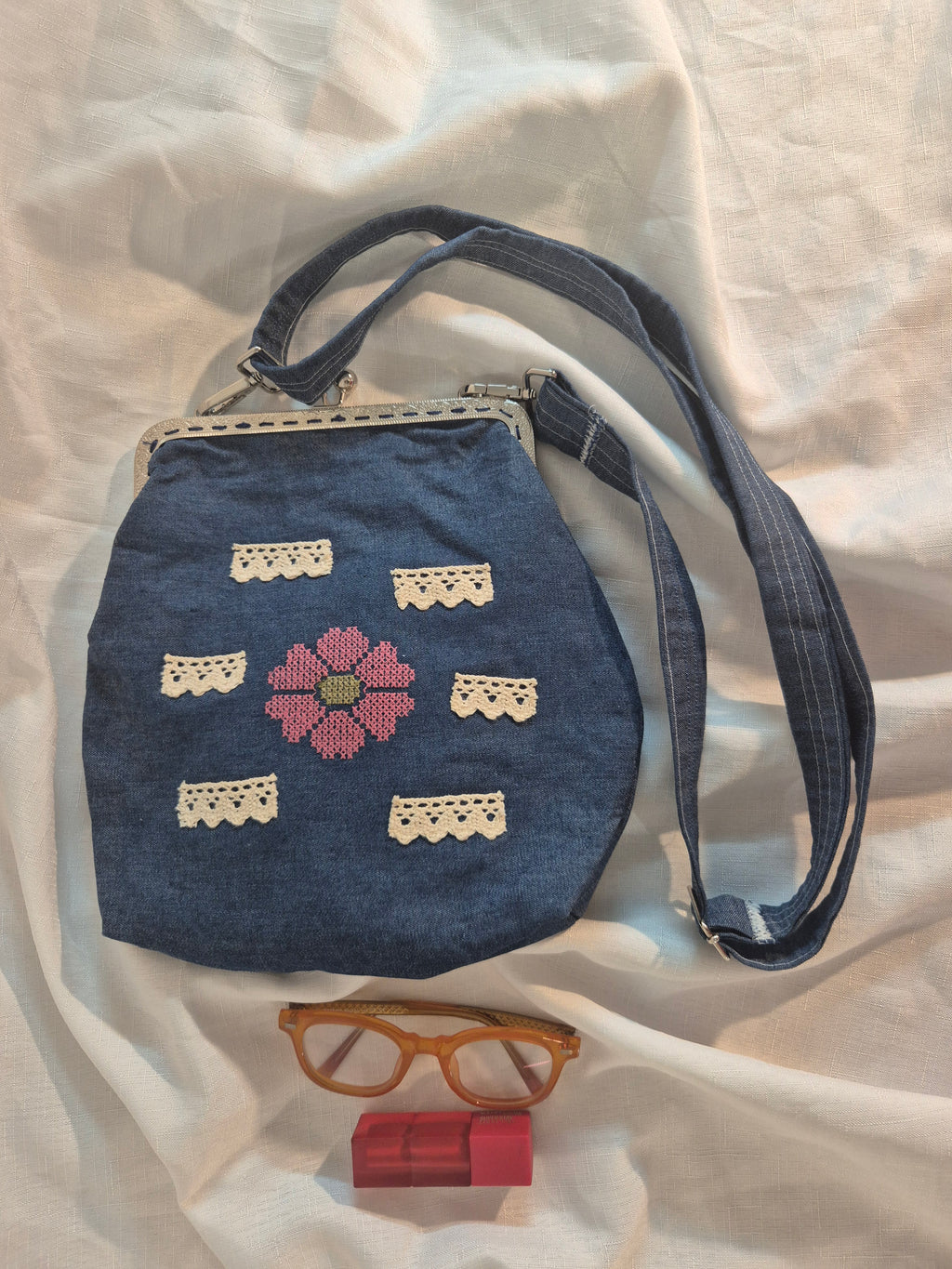 Denim Cross-Stitch Clasp Bag