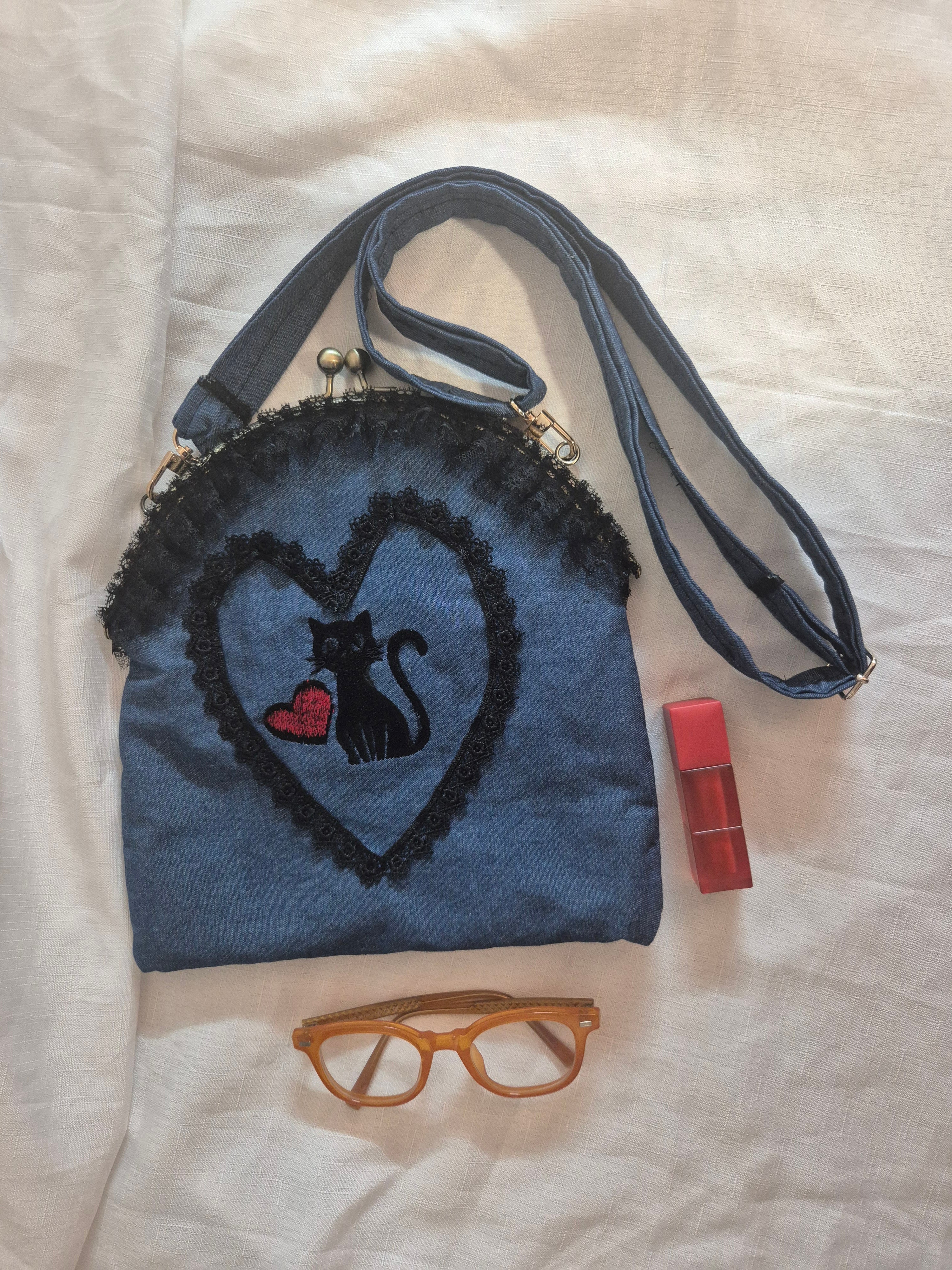 Denim Cat Heart Crossbody Bag