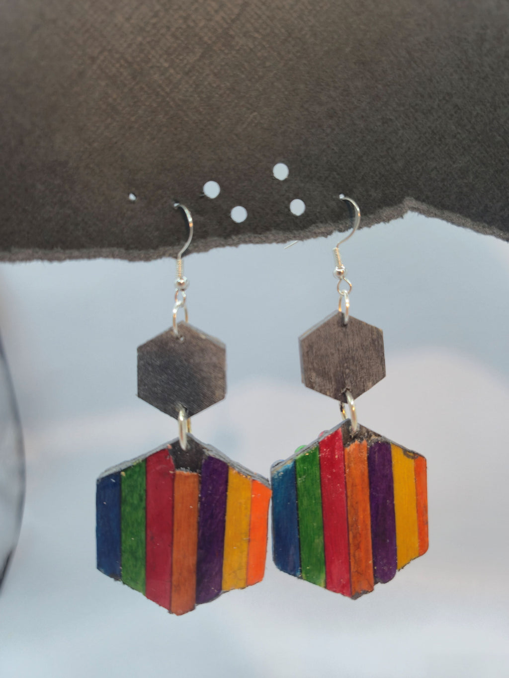 Wood Rainbow Hexagon Drop Earrings