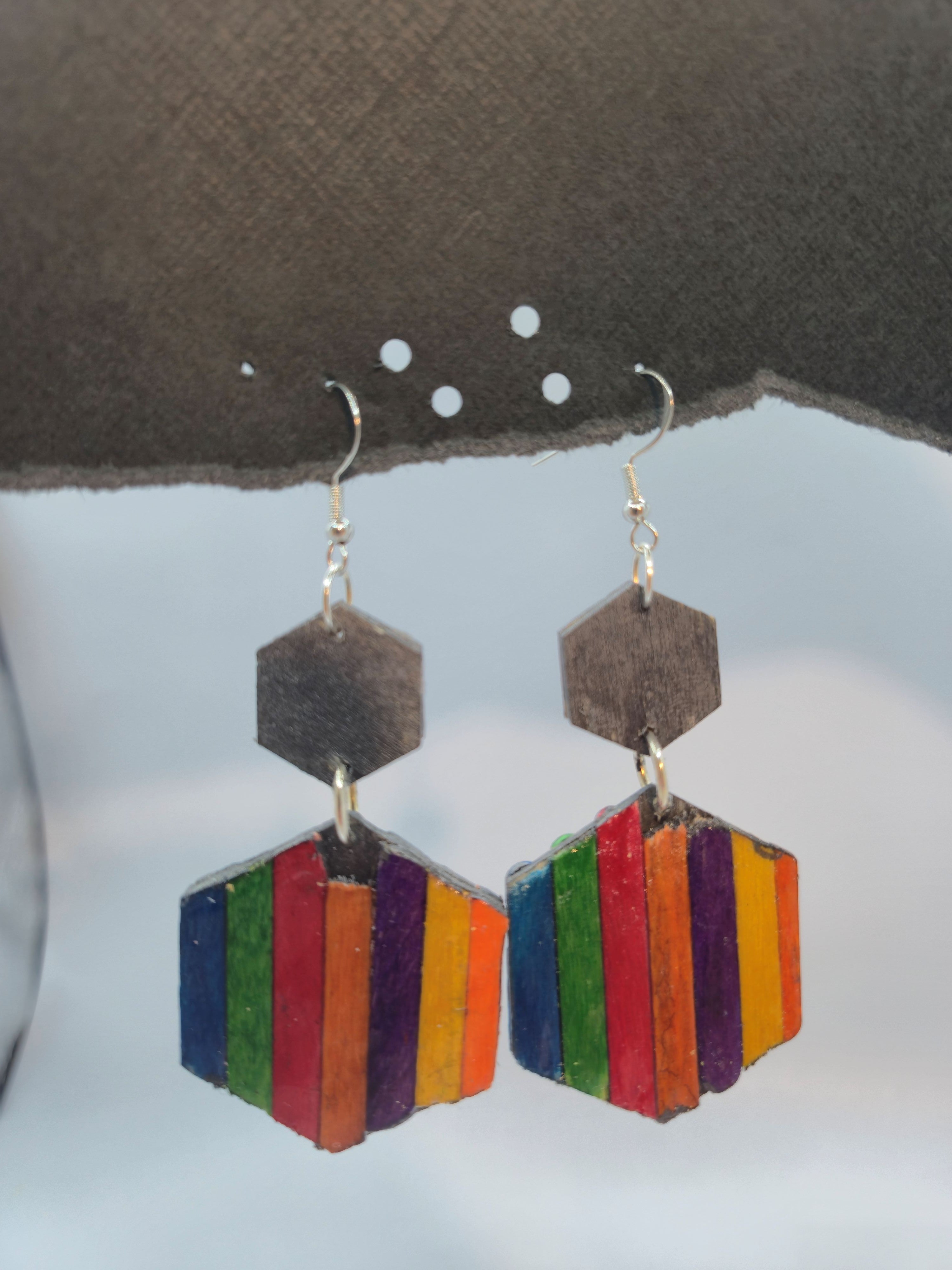Wood Rainbow Hexagon Drop Earrings