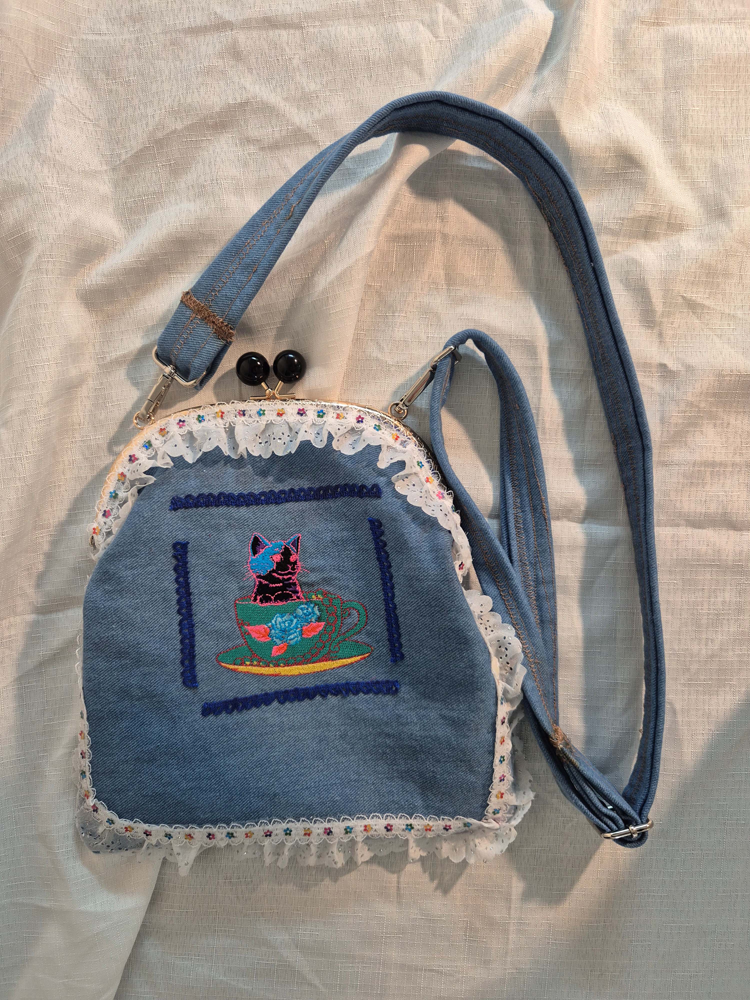 Denim Cat Teacup Crossbody Bag