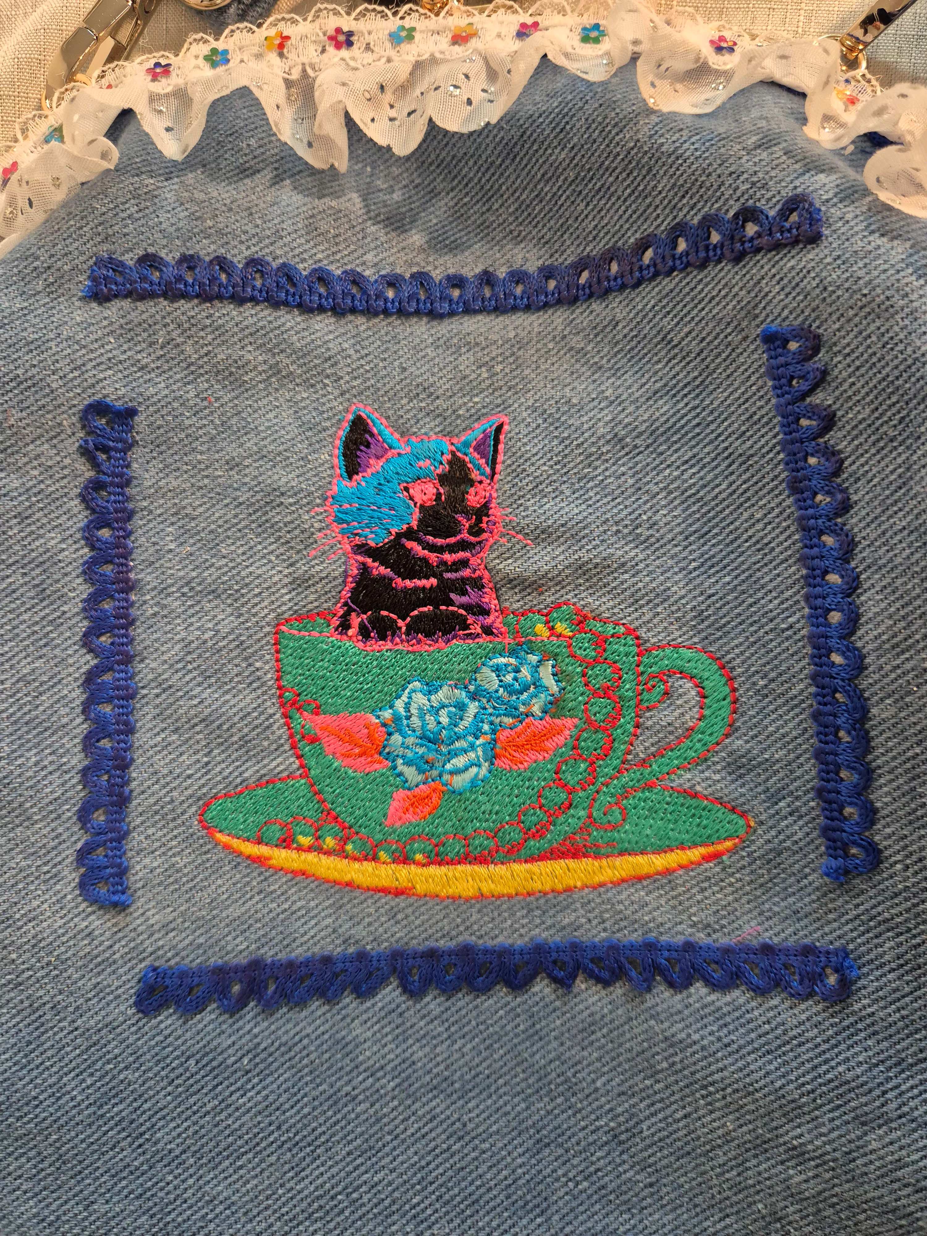 Denim Cat Teacup Crossbody Bag