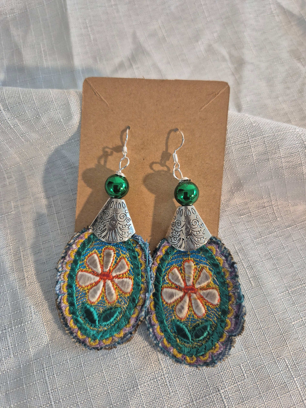 Teal Embroidered Floral Drop Earrings