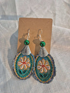 Teal Embroidered Floral Drop Earrings