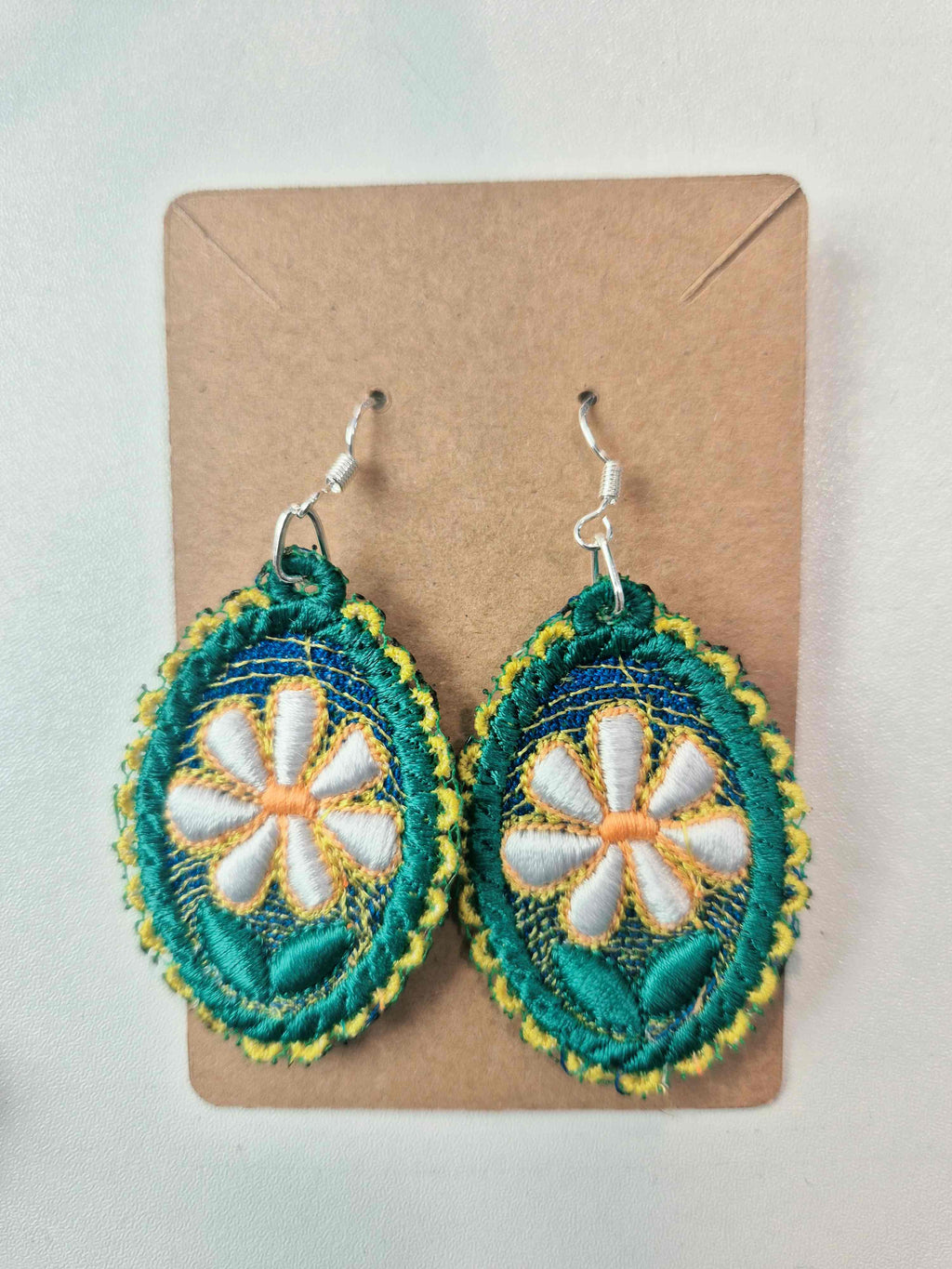 Teal Daisy Embroidered Earrings