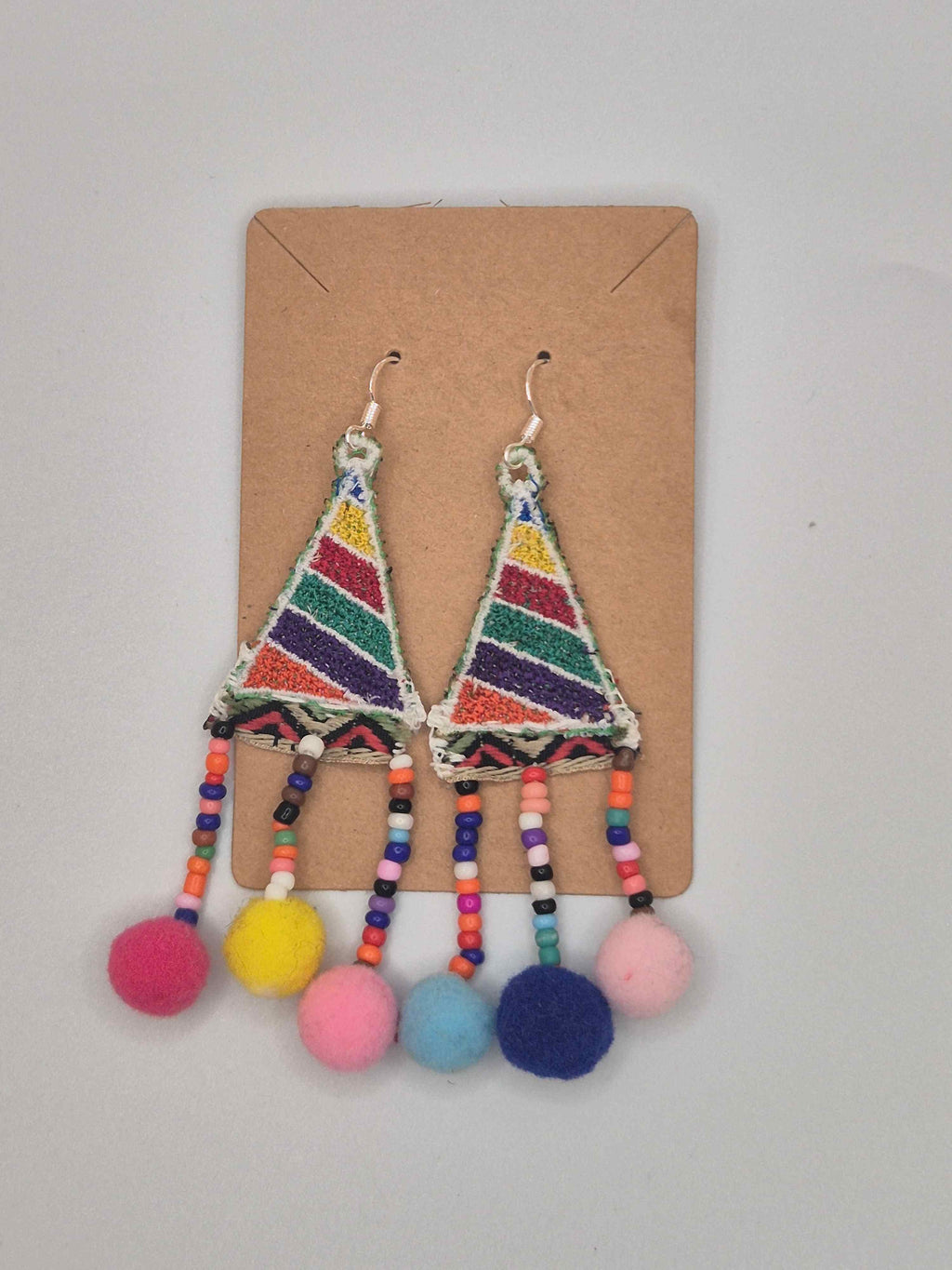 Boho Rainbow Embroidered Pom Pom Earrings