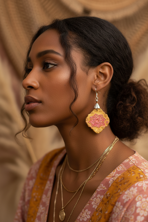 Black woman wearing clay mandala earring