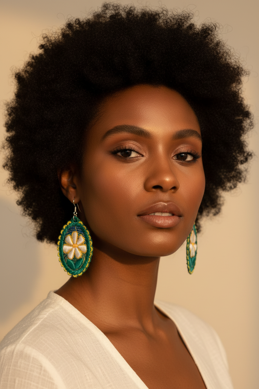 Black woman with afro wearing teal embroidered earrings