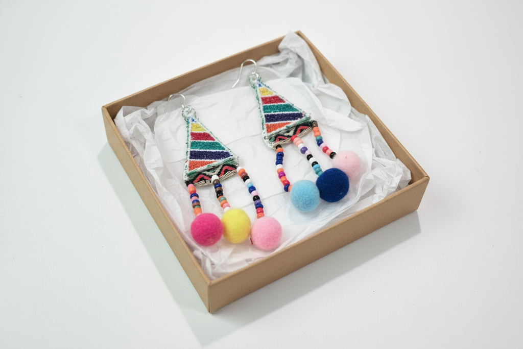 Boho Rainbow Pom Pom Earrings in a Brown Box
