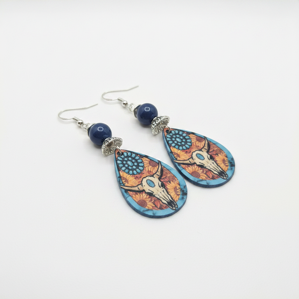 Bull skull teardrop earrings on white surface