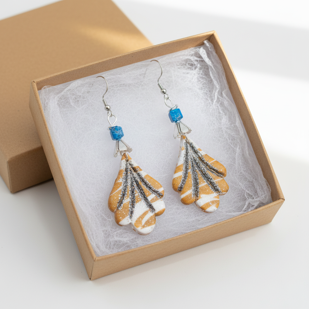 Clay fan drop earrings in kraft brown gift box