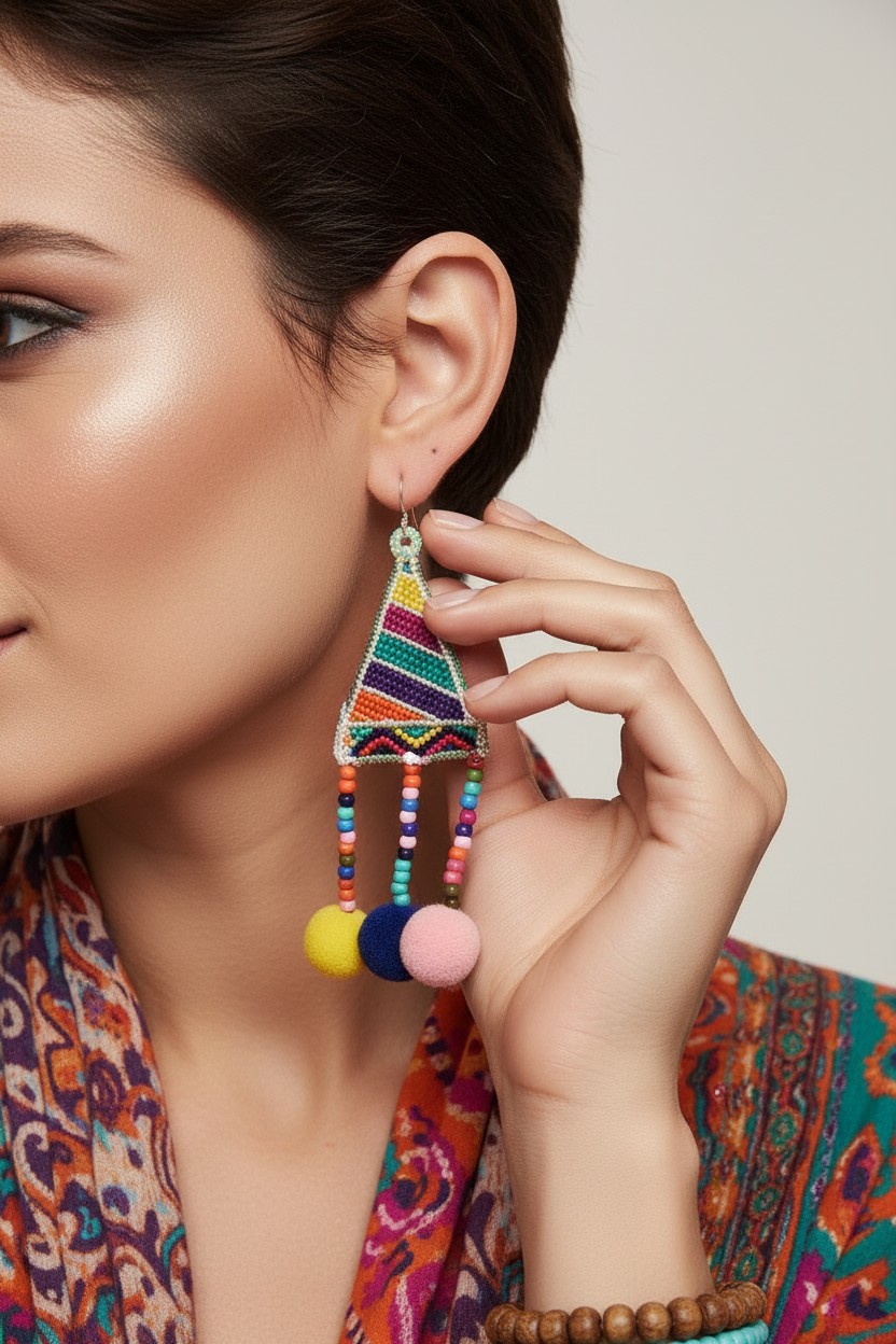 Extreme close-up of rainbow pom-pom earrings