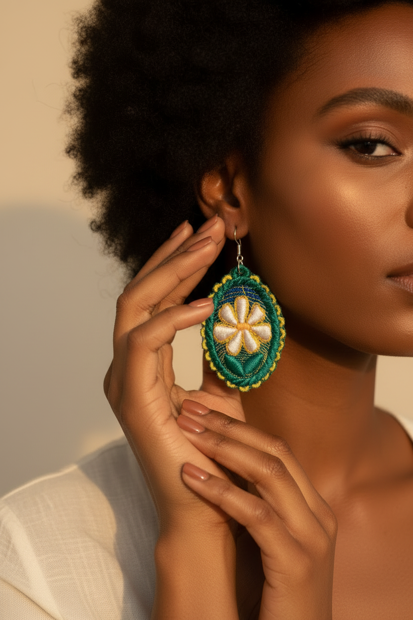 Extreme close-up of teal embroidered earrings with hand