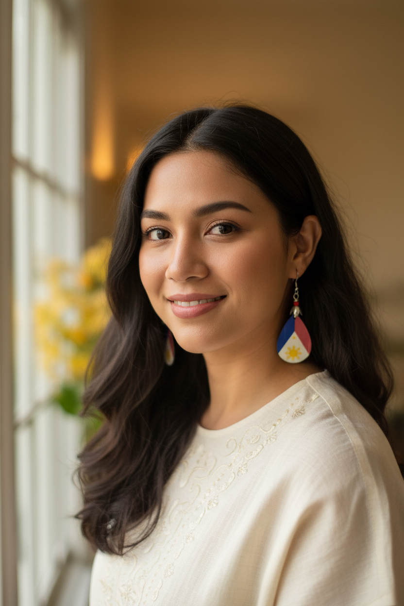 Filipino woman wearing Philippine flag earrings