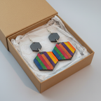 Rainbow clay hexagon earrings in kraft brown gift box