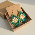 Teal embroidered earrings in a brown gift box