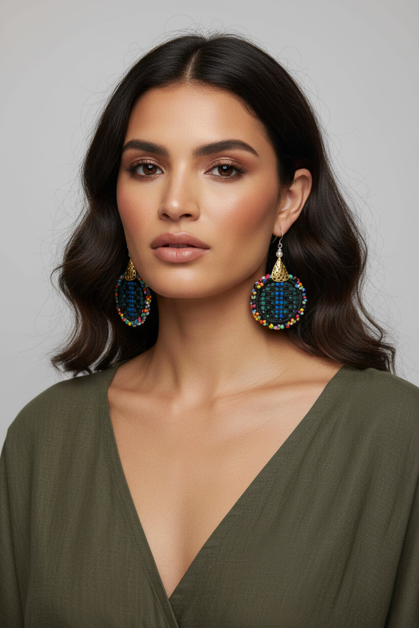 Woman wearing beaded earrings