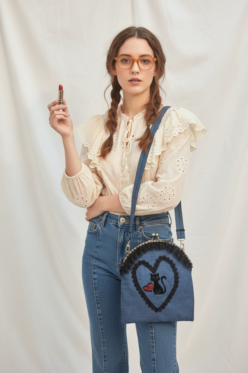 Woman wearing denim cat bag