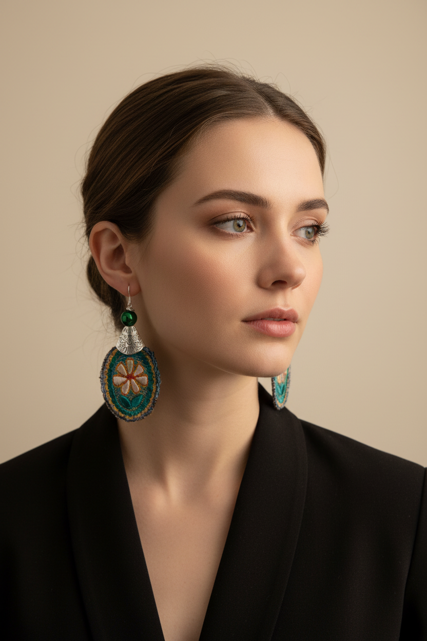 Woman wearing embroidered earrings