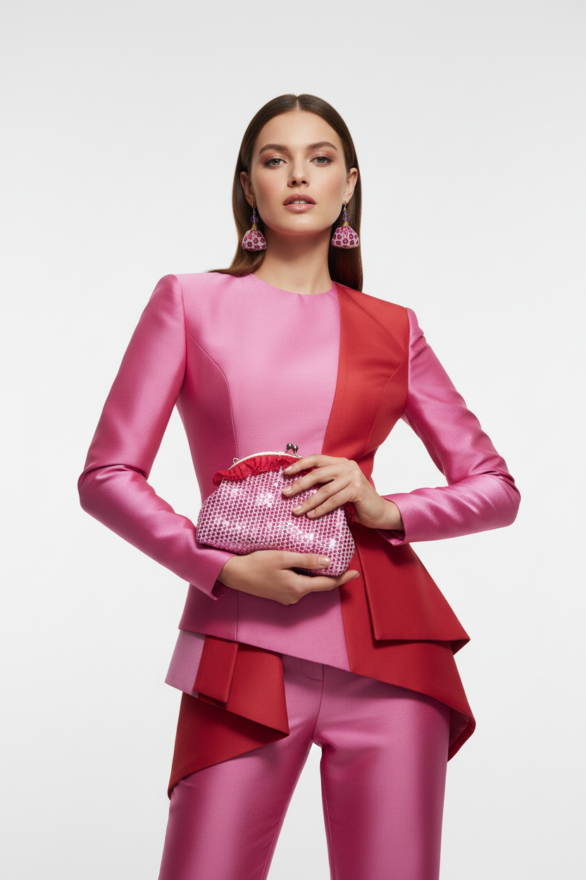 Woman with pink sequin clutch and dome earrings