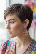 Woman with pixie cut wearing resin confetti sprinkle earrings